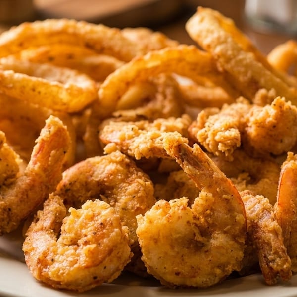 Crispy fried shrimp and golden onion rings on a white plate, with a drink in the background.