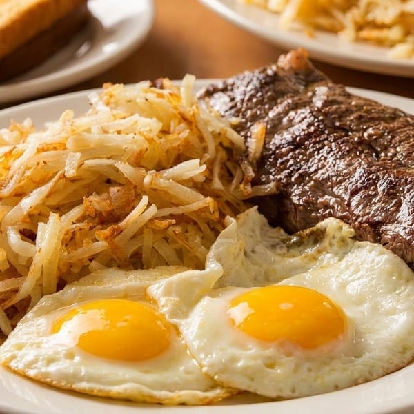 A breakfast plate with steak, hash browns, and two sunny-side-up eggs, with toast in the background.